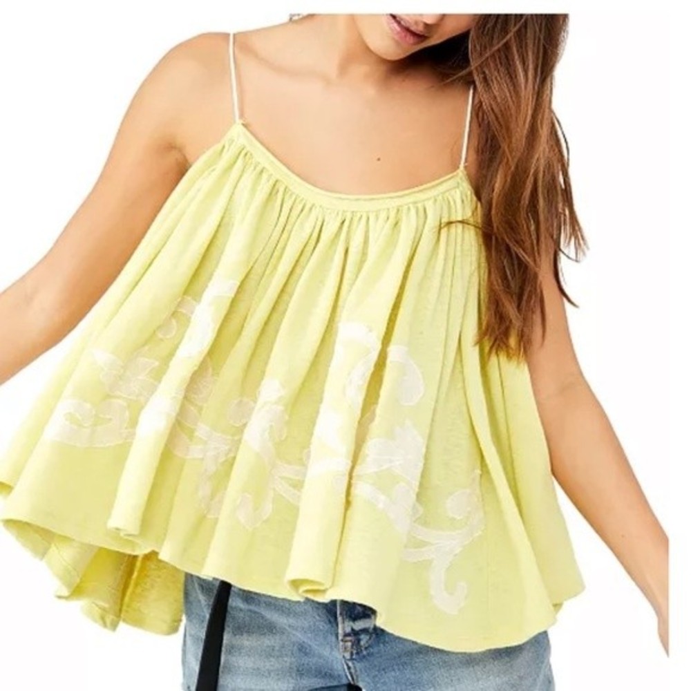 Free People Yellow On Clouds Spaghetti Strap Oversized Scoop Neck Tank